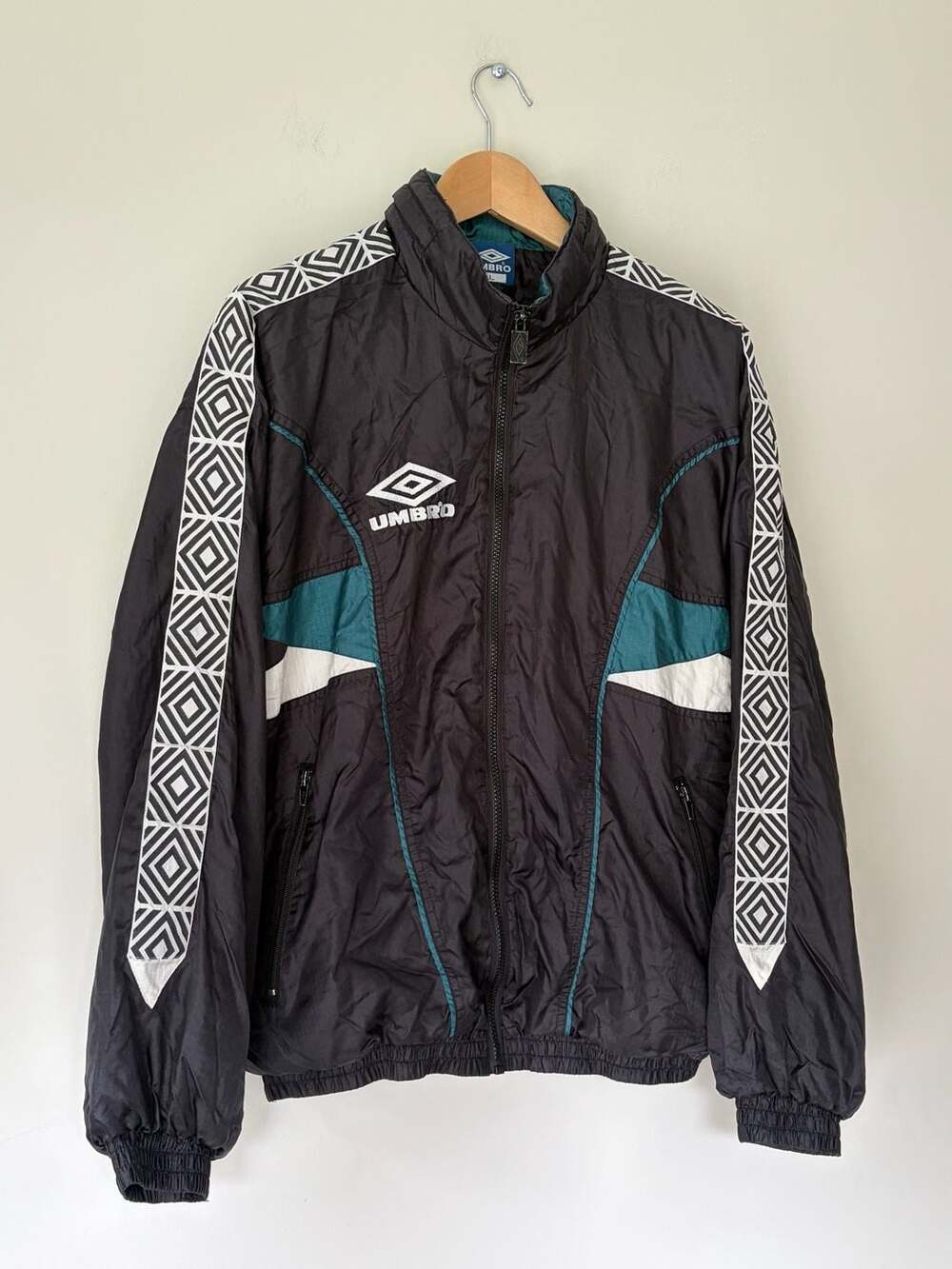 Vintage Umbro Track Jacket Size Large Black Teal White Logo